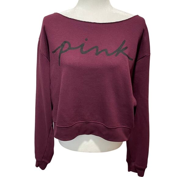 PINK Victoria's Secret Sweatshirt Cropped Raw Neckline Plum Sz XXL Pink Spellout - Picture 1 of 10